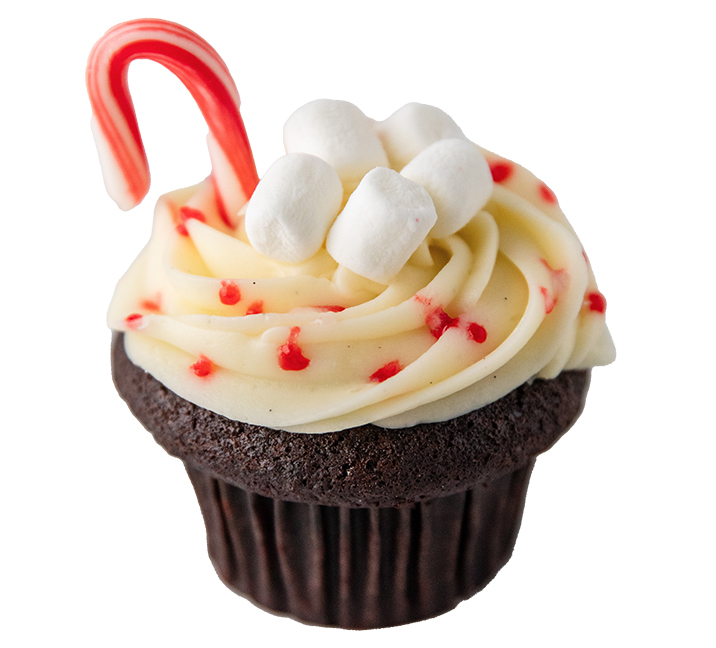 We bake our cupcakes fresh daily. (Shown: Peppermint Hot Chocolate Cupcake cupcakes.)