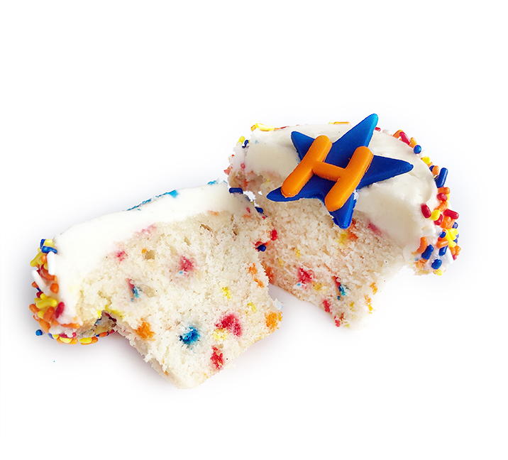 We bake our cupcakes fresh daily. (Shown: Home Team Confetti Cupcake cupcakes.)