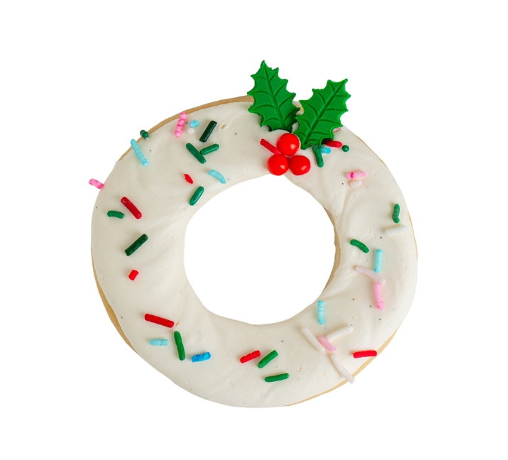 We bake our cupcakes fresh daily. (Shown: Butter Cream frosted Holiday Wreath Cookie cupcakes.)