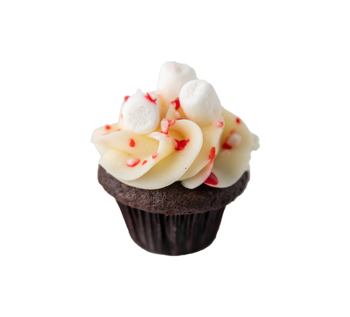 We bake our cupcakes fresh daily. (Shown: Peppermint Hot Chocolate cupcakes.)